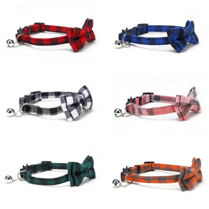 Plaid/Holiday Pet Collar, Adjustable Breakaway Collar with Bowtie and Bell, Soft Bowtie Pet Collar