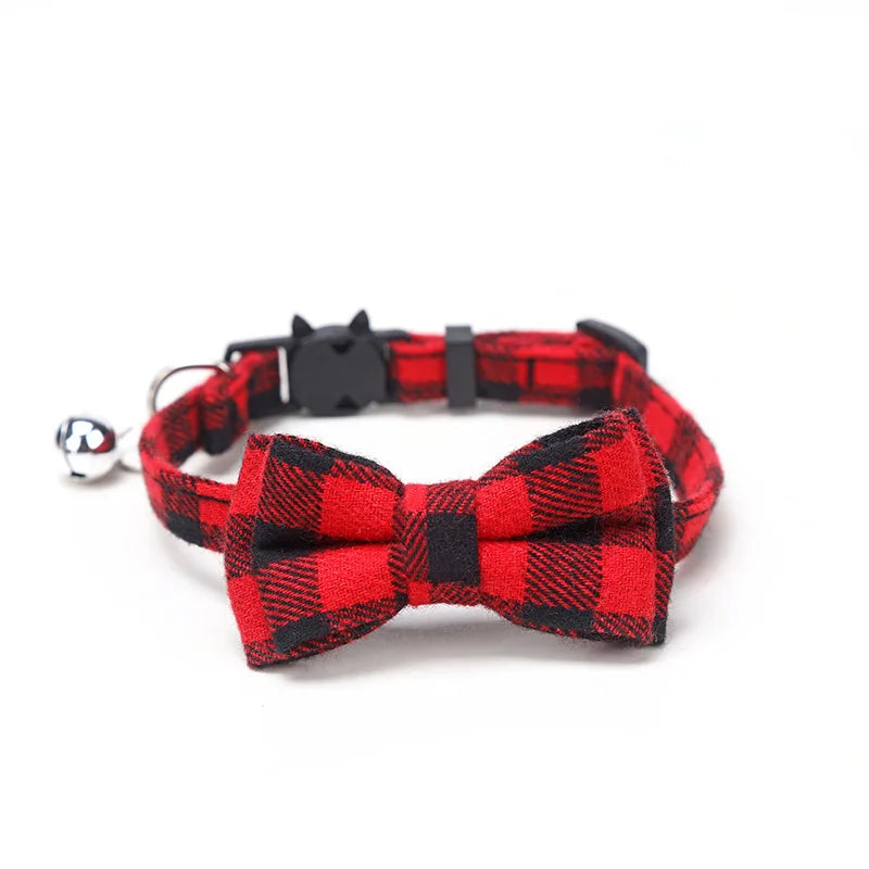 Plaid/Holiday Pet Collar, Adjustable Breakaway Collar with Bowtie and Bell, Soft Bowtie Pet Collar