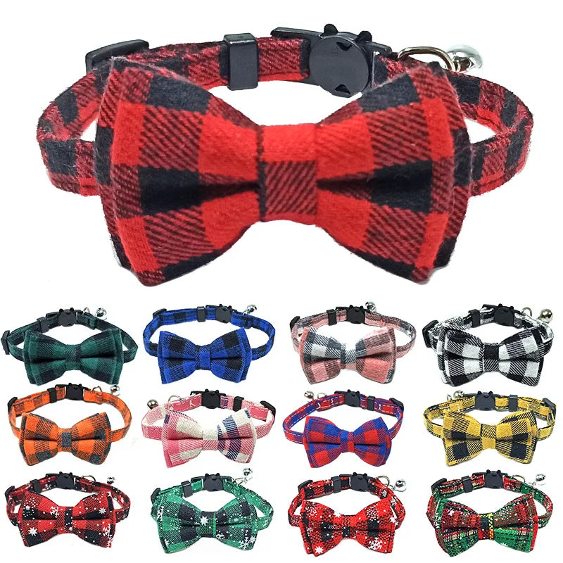 Plaid/Holiday Pet Collar, Adjustable Breakaway Collar with Bowtie and Bell, Soft Bowtie Pet Collar